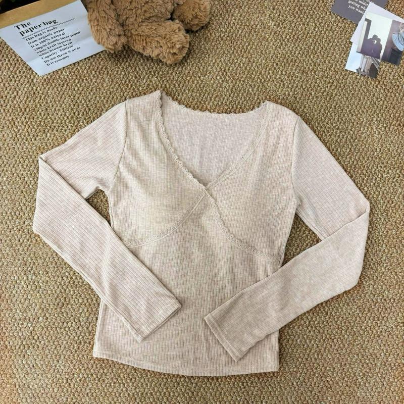 Autumn and Winter V-neck Lace Lace Cashmere Warm Long Sleeve Base Shirt Female Pure Wind Spice Bm Outside To Wear Autumn Clothes Top