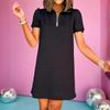 European & American Women's Summer 2024 Elegant Loose Turn-down Collar Zipper Short Sleeve Dress