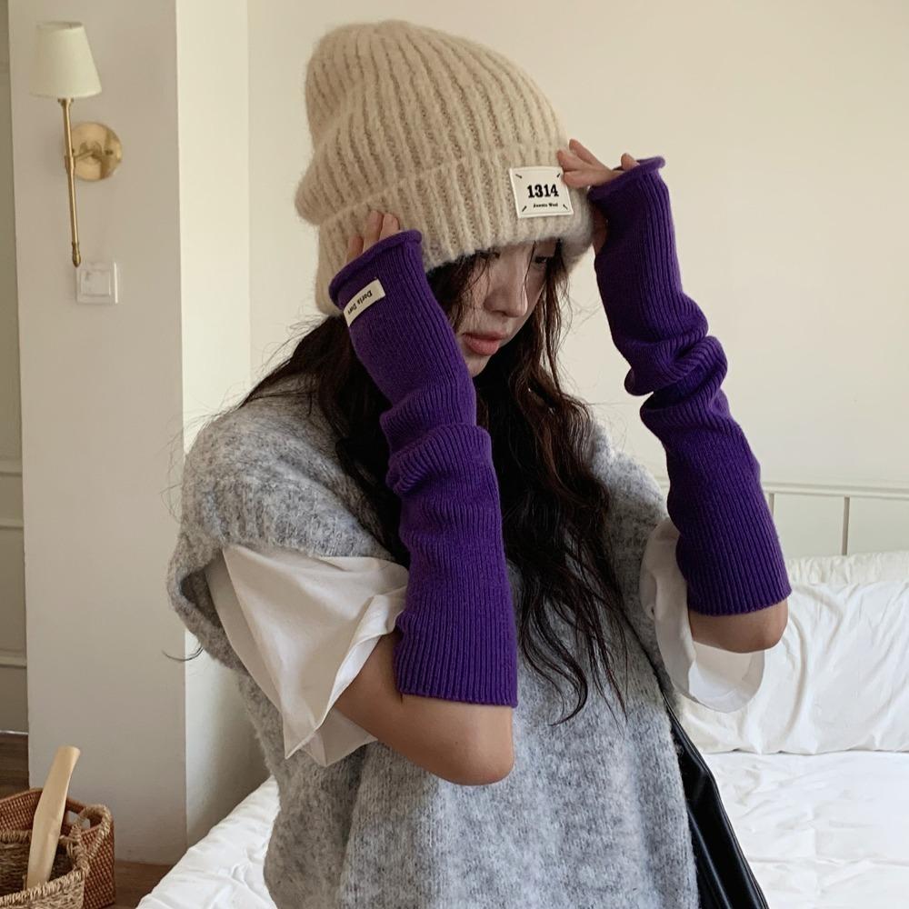 Solid Color Woolen Arm Gloves Hole Long Fingerless Sleeves Long Wrist Guard Warm Arm Covers  Girls