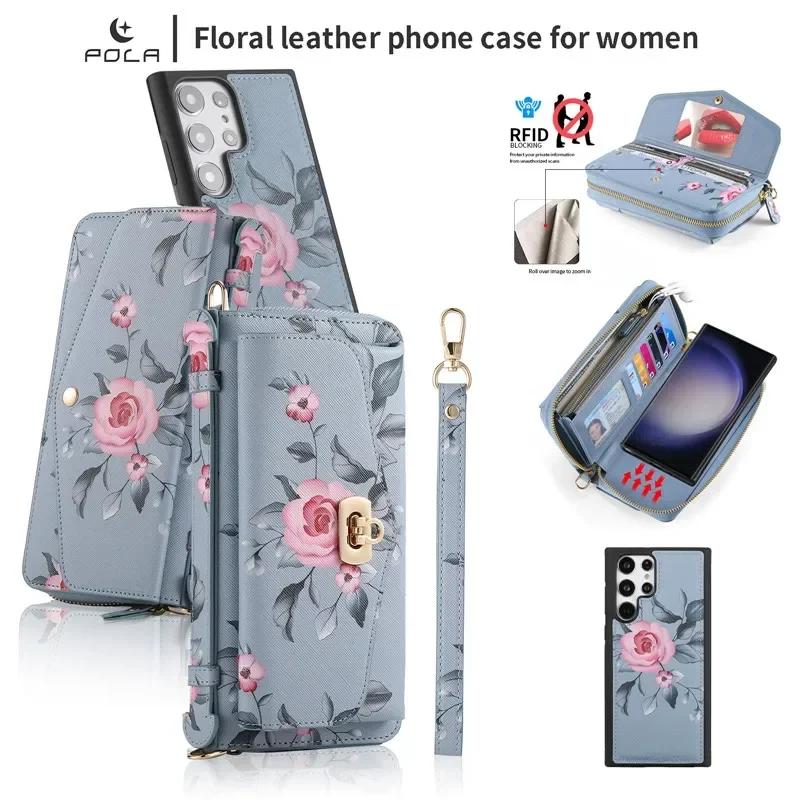 

Lanyard Leather Zipper Wallet Card Phone Case For Samsung Galaxy S25 Ultra S24 S23 S22 Plus Note 20 Magnetic Flip Stand Cover Samsung S22