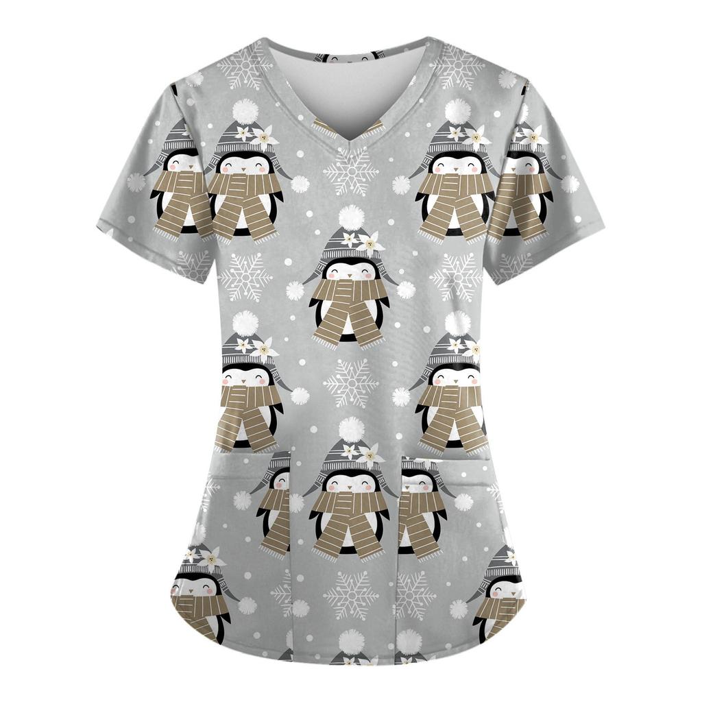 Damenmode Weihnachten Bedruckte Kurzarm V-Ausschnitt Muster Tops Tasche Arbeits T-Shirts