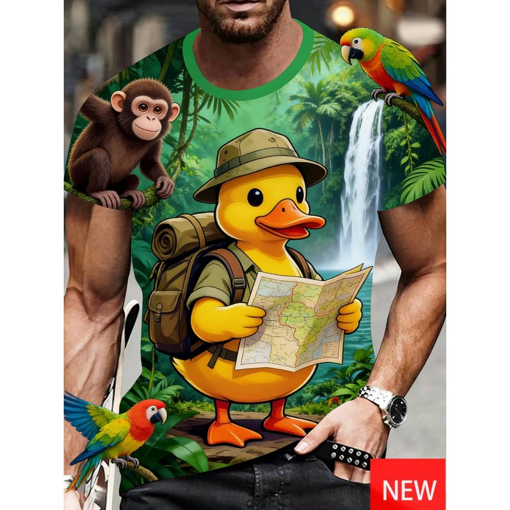 Men's Fun Beach Shirt Summer Vacation Fashionable Duck And Tropical Palm Tree Pattern Tshirt Casual Short Sleeve Oversized Tees