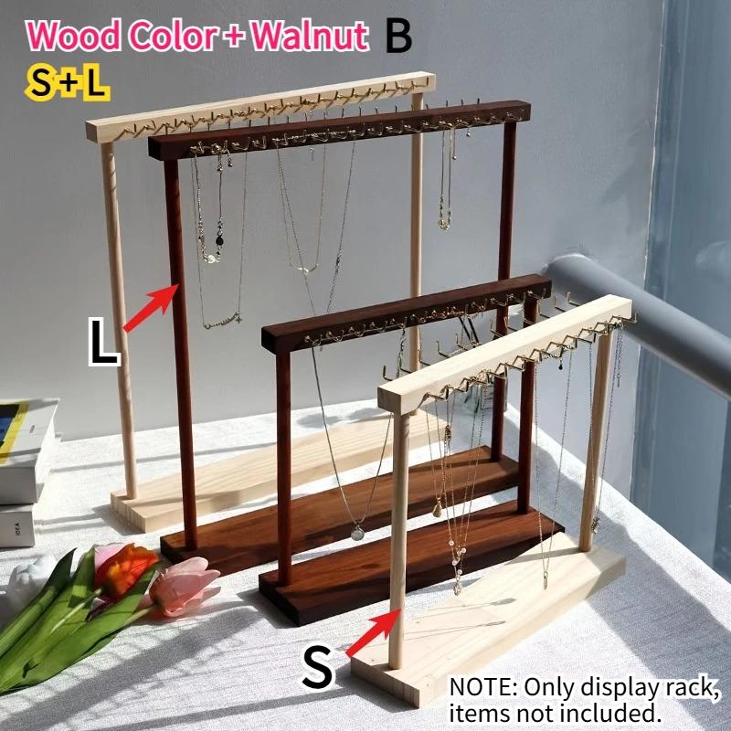 Wooden Double-Row Jewelry Display Rack Elegant Jewelry Organizer with Hooks for Necklaces Bracelets Earrings Rings Space-Saving