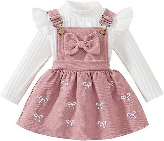 

Girls Casual Knit High Neck Top & Bow Strap Skirt Set 4 Years рожевий