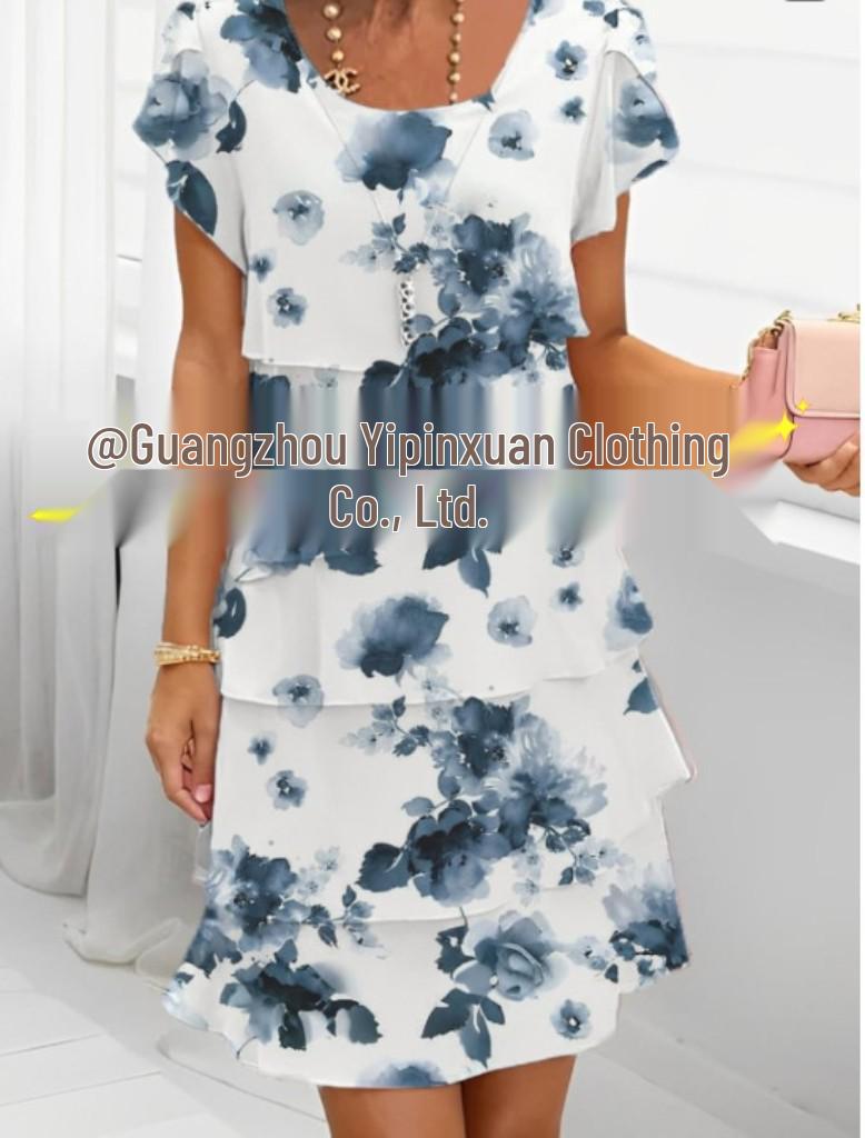 European and American 3D Print Short Sleeve Chiffon Dress