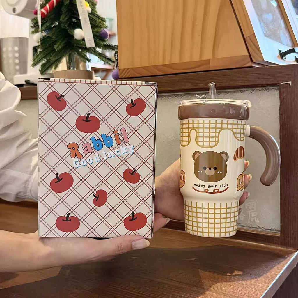 Straw Cup with Lid High Value Ins Mug Couple Ceramic Water Cup Large Capacity Birthday Gift for Girls