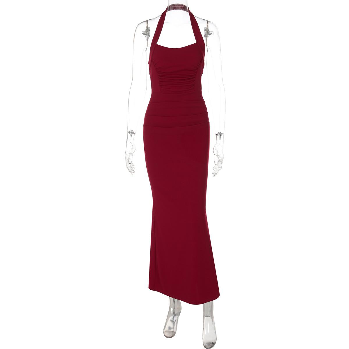 European and American women s clothing 2026 spring new one-word collar solid color neck dress pleated temperament slim dress S бордовый