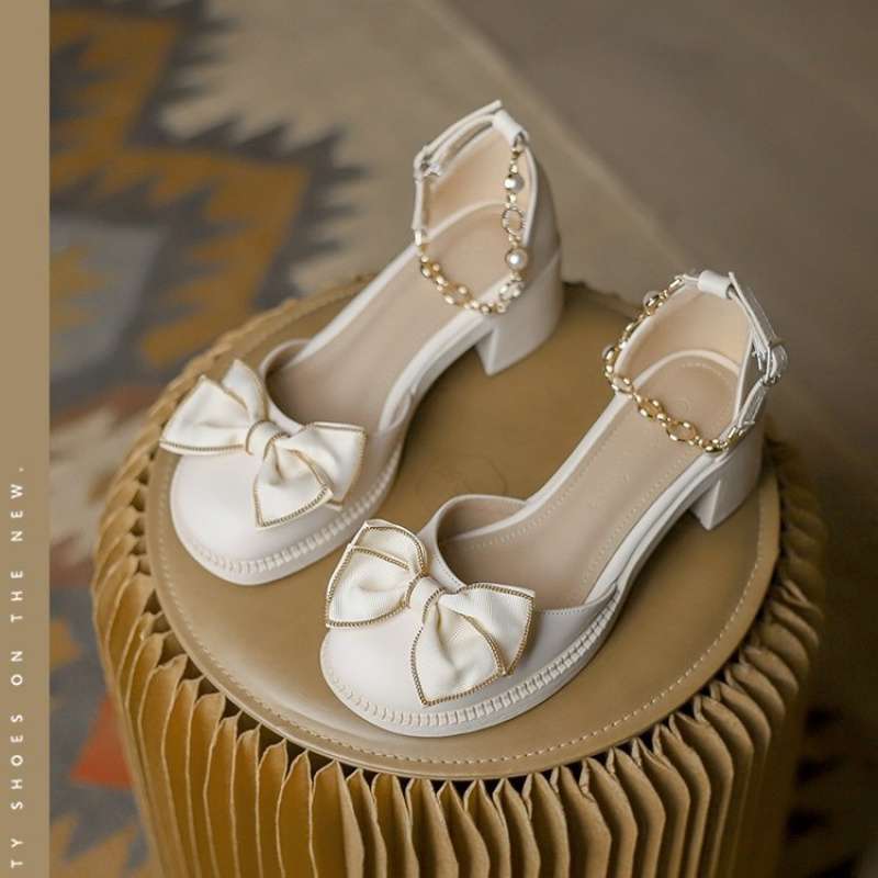 

Bow Mary Jane shoes French thick heel new high heels sandals women s outer wear temperament gentle bag head sandals women 35 абрикосовый