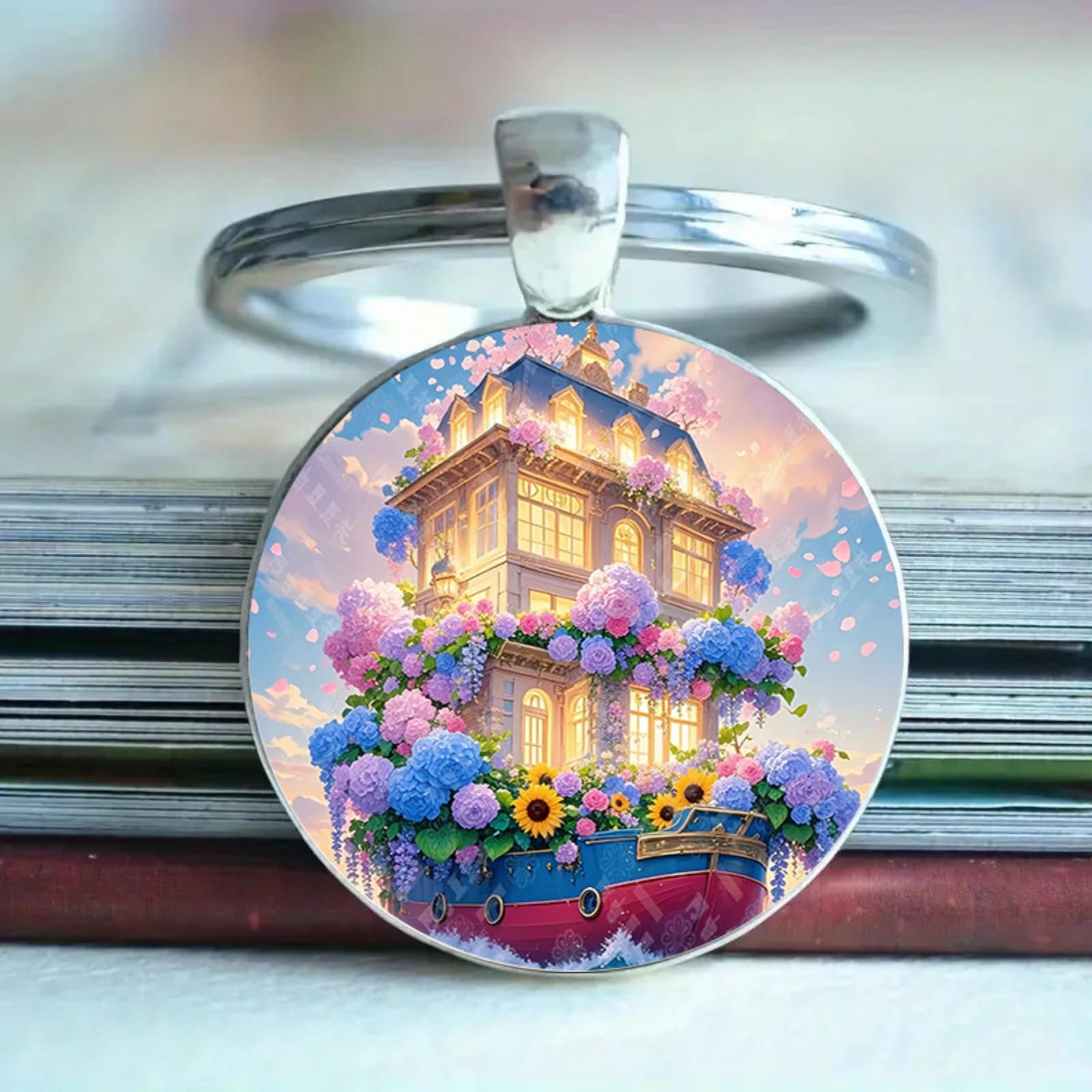 

A Little House A Decorated With Flowers, A Gemstone Alloy Pendant Keychain. One Size