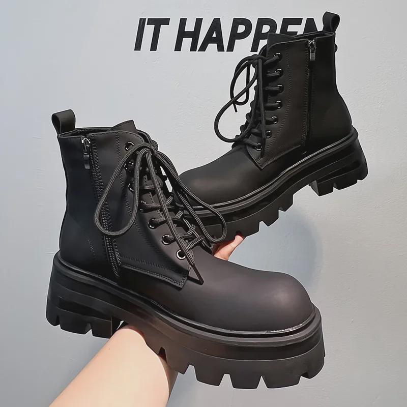 Men’s Stylish Dark Martin Boots – Height-Enhancing, Youthful, Trendy Workwear for Spring & Autumn 2024.