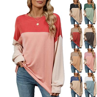 2024 Autumn And Winter New Round Neck Contrasting Color Plus Size Medium Long T-Shirt Long Sleeved Women