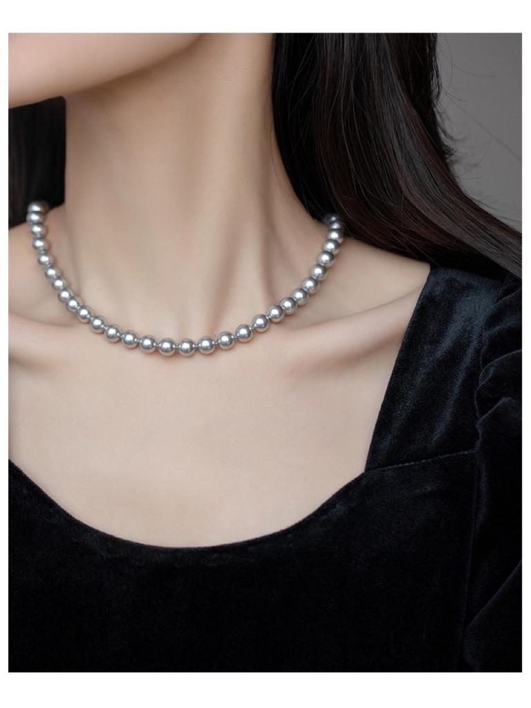 Flax Silver Gray High-Quality Round Pearl Necklace - Trendy 2023 Light Luxury Sweater Chain for Women