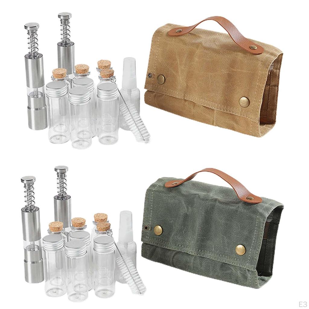 12 Piece Camping Condiment Storage Set Bottle Holder with Canvas Bag Roll