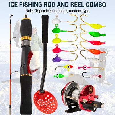 Set Combo da Pesca su Ghiaccio, Canna e Mulinello da Pesca su Ghiaccio in Vetro con Paletta e 10 Ami, per Trota Walleye Persico Pesca in Acqua Salata