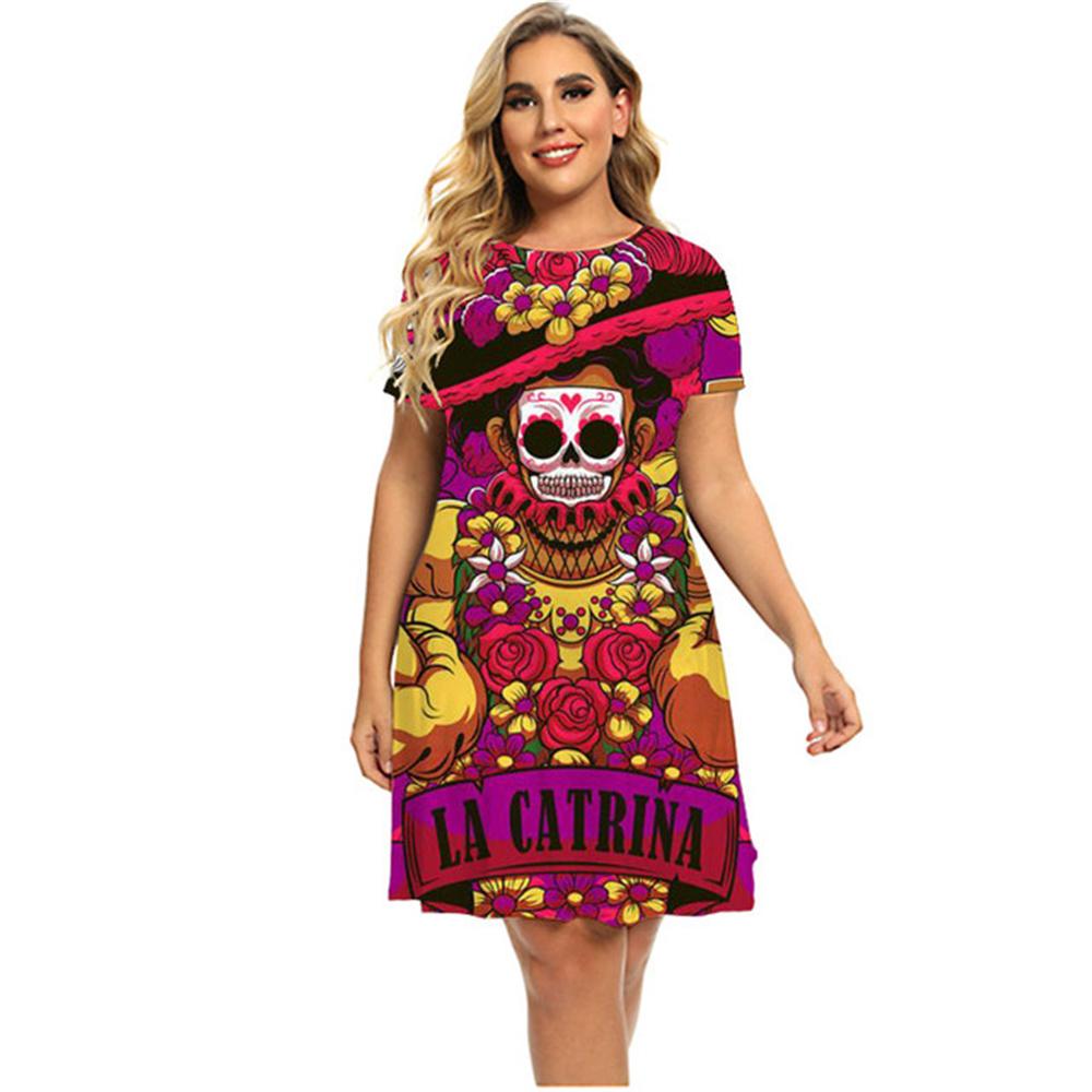 Slim Women's Dress Short Sleeve Skull Digital 3D Print Fashion V-Neck Women Clothes Summer Sexy Solid Color Casual A-line Dress
