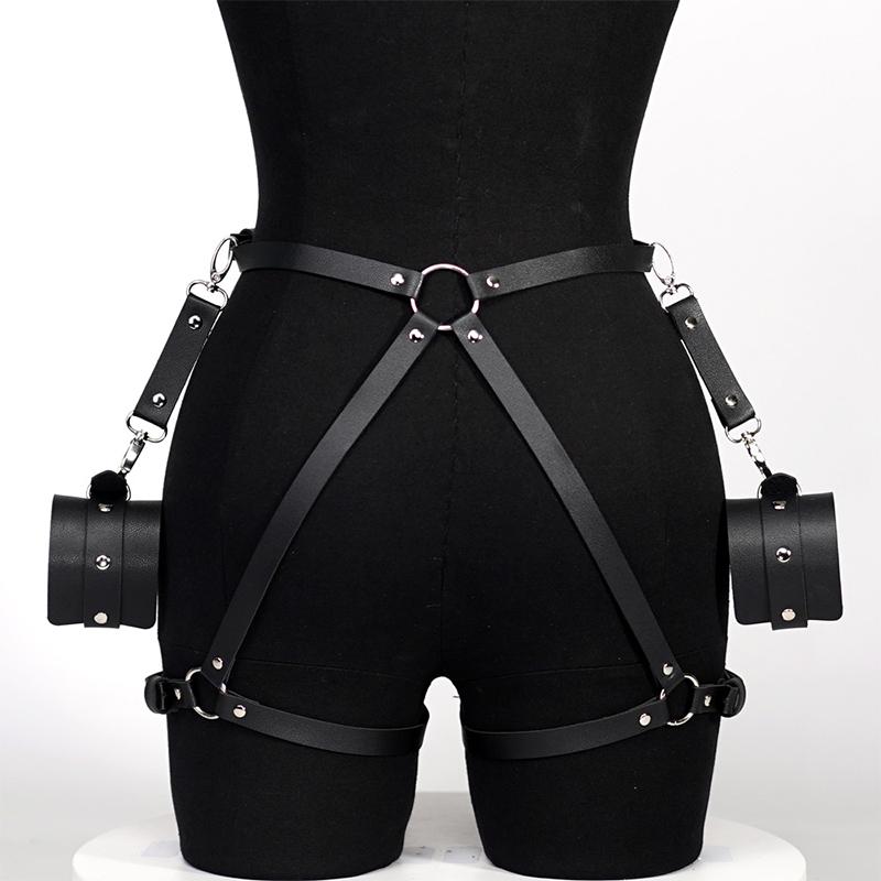 Leather Garter Belt Lingerie Gothic Rave Costume Adult Bandage Lencerias  PU Leg Loops Plus Size Underwear With Handcuffs