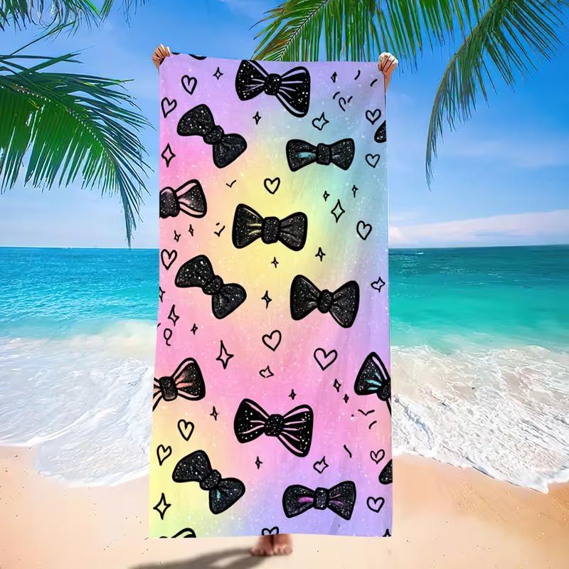 Rainbow Gradient Black Bow Coquette Beach Towel Glitter Heart Star Print Quick Dry Absorbent Towel for Summer Travel Holiday