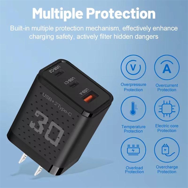 USB Type C Charger 30W 3 Port Fast Charging Phone Charger Adapter For iPhone Samsung Xiaomi Huawei QC3.0 EU/US Plug Wall Charger