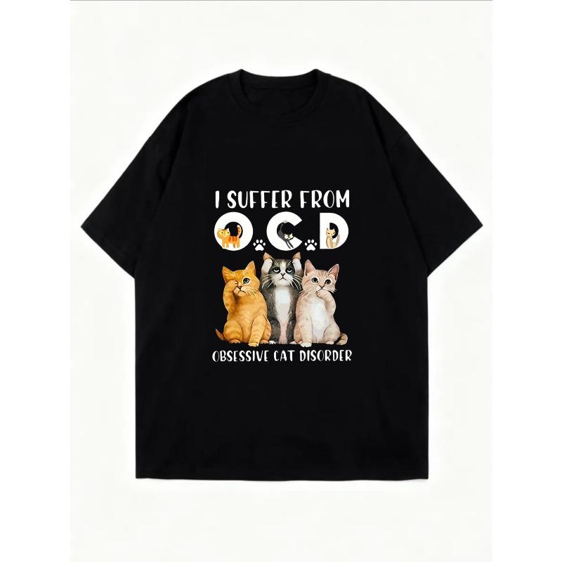 Crewneck T Shirt White I Suffer From Ocd Obsessive Cat Disorder With Cute Cats Print Casual Everyday Wear For Women
