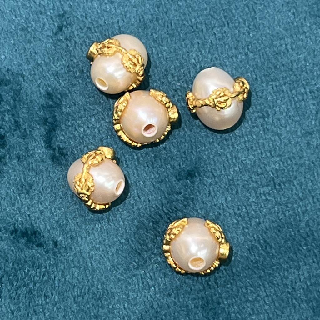 1Pc, Artificial Pearl Beads with Golden Setting and Red Gems Accents, Pink Rice Beads with Hole, for Jewelry Making DIY Materials Accessories 0.9-1cm