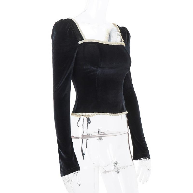 Y2K Móda Dámské Tričko Bandážový Korzetový Top Elegantní Vintage Černé Sametové Tričko Hluboký Výstřih Dlouhý Rukáv Crop Topy