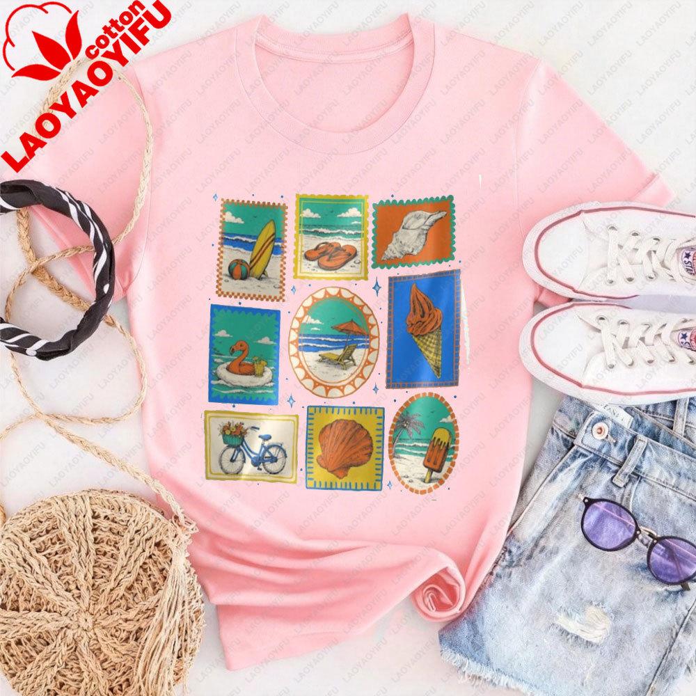 Vintage Beach Summer Shirt Coastal Vacation Tee for Women Beachy Graphic Clothes Women Tees Retro Stamp Sea Lovers Tops