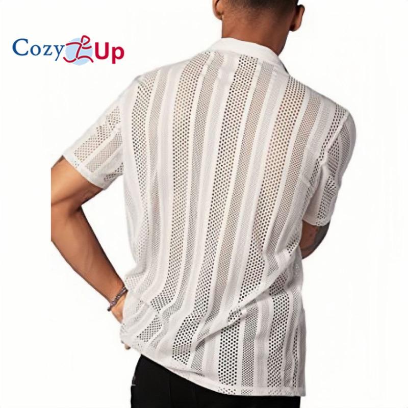 Cozy Up Men's Button Front Striped Mesh Blouse Shirt Casual Short Sleeve Lapel Neck Top