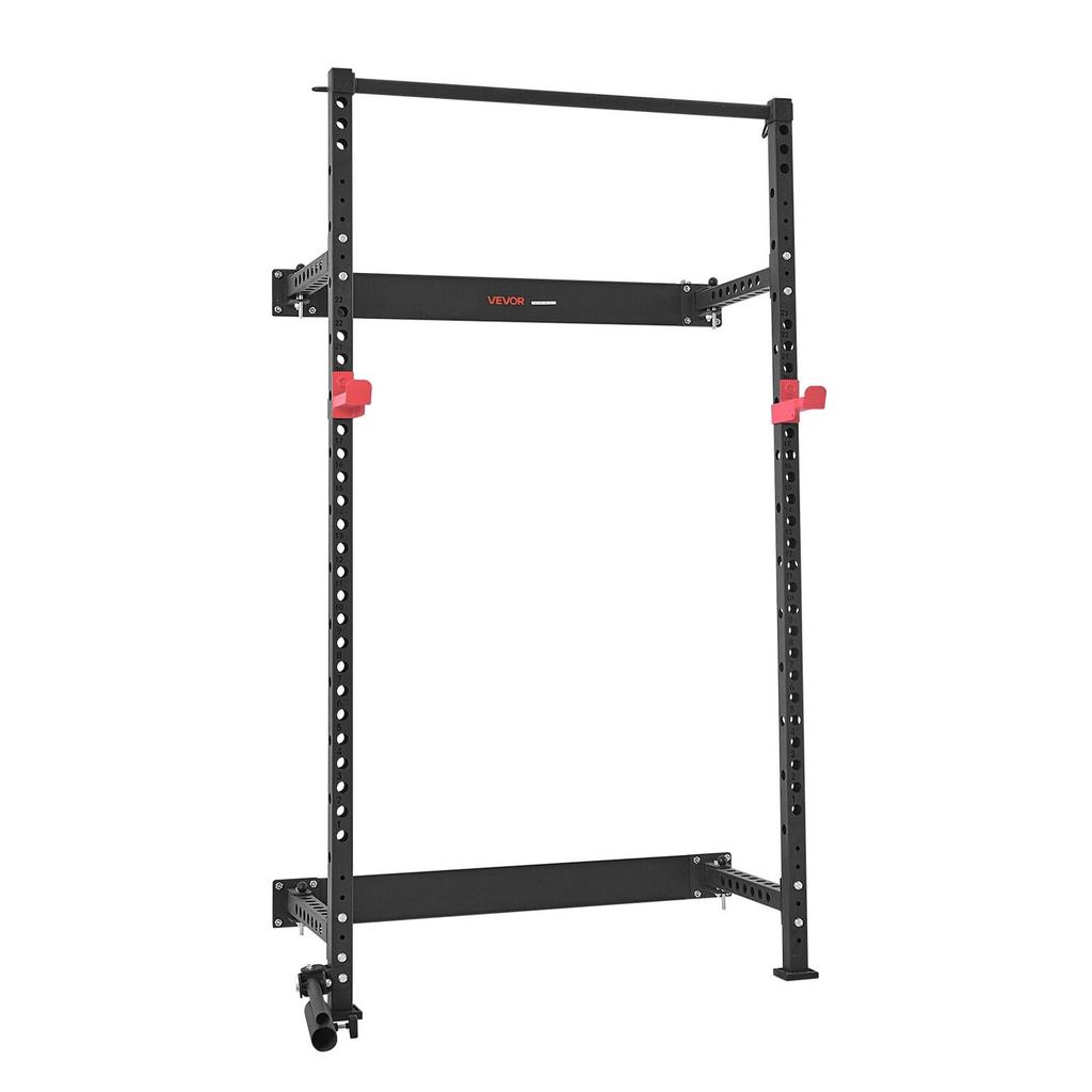Folding Power Cage, Wall-Mounted Power Rack Squat Rack, Multifunctional Strength Training Workout Equipment with Landmine Holder, Adjustable J-Hooks &