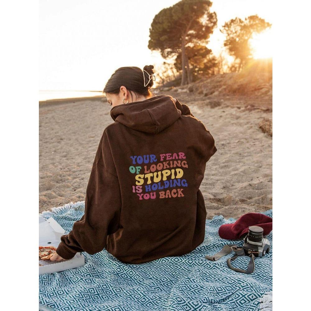 Women'S Shoulder Sleeve Fleece Sweater Plain Letter Print Kangaroo Pocket Drawstring Print Hoodie Clothing