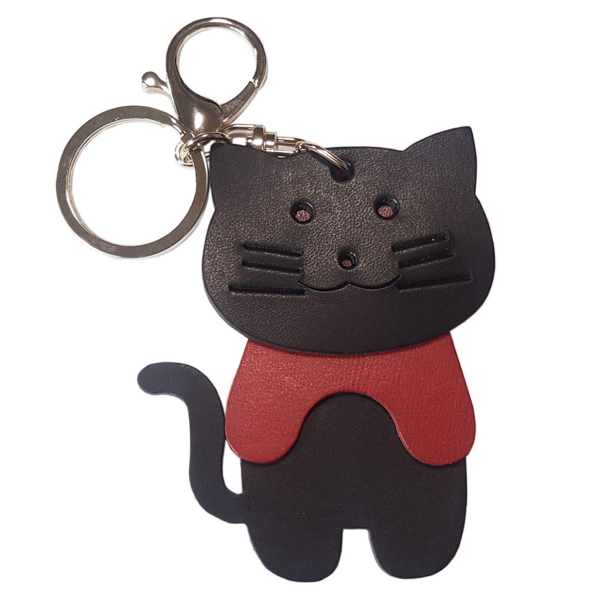 

[byDream] 3-Section Cat Keychain, Genuine Leather, Perfect for Cat Lovers, Bag Charm, 8cm Large Cat, Cowhide Leather, Gift for Gifting (Black)