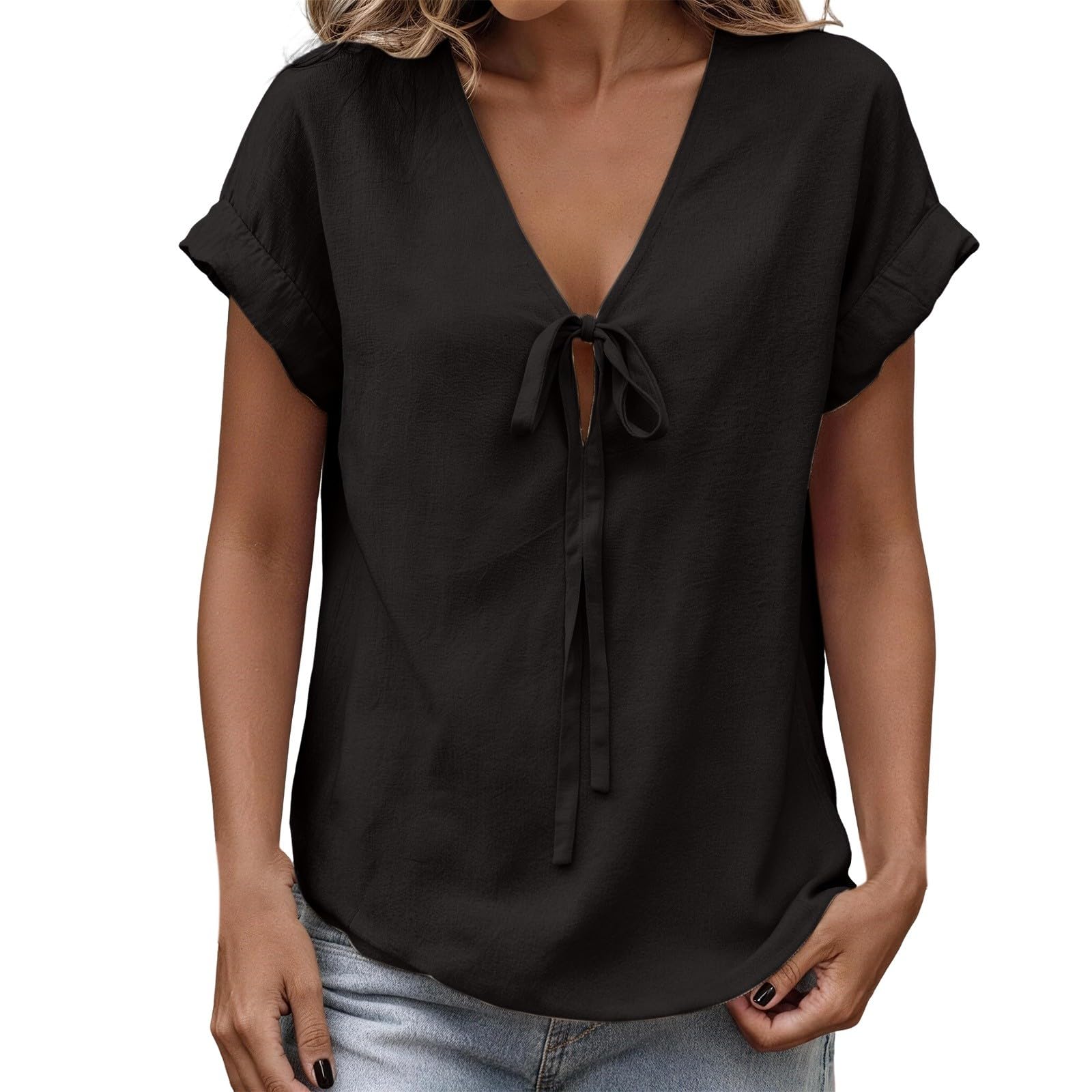 

Women s Fashion Casual -Colour V-Neck Tie-Front Short-Sleeved T-Shirt Top M чёрный