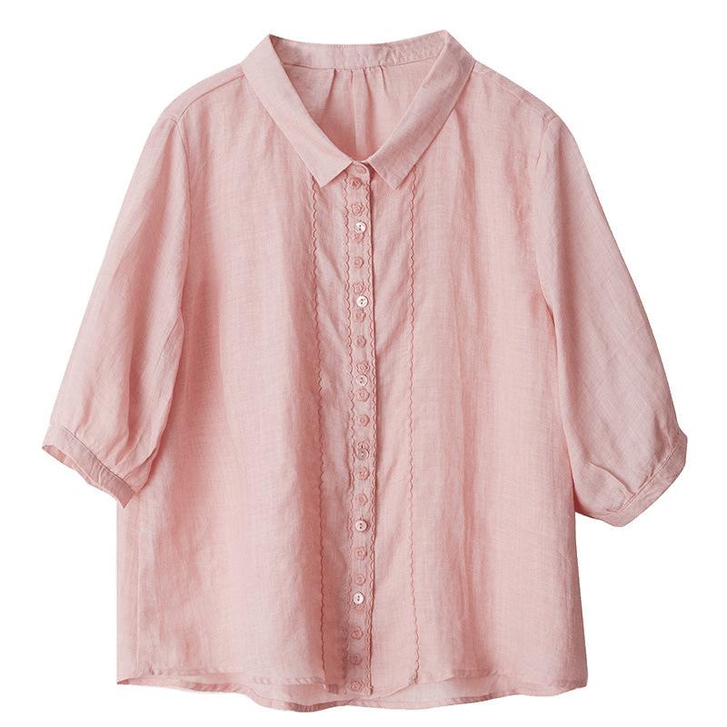 Summer Lantern Sleeve Short-sleeved Cotton and Linen Embroidered Literary Loose Shirt Blouse Women