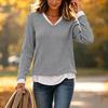 Women's V Neck Fake Two Piece Tops Long Sleeve  Ribbed Shirts Trendy Color Block Going Out Dressy Clothes