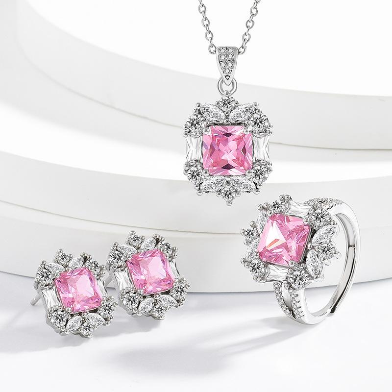 

Sweet and Elegant 925 Sterling Silver Asci Pink High Carbon Diamond Square Princess Jewelry Set Valentine s Day Jewelry One size