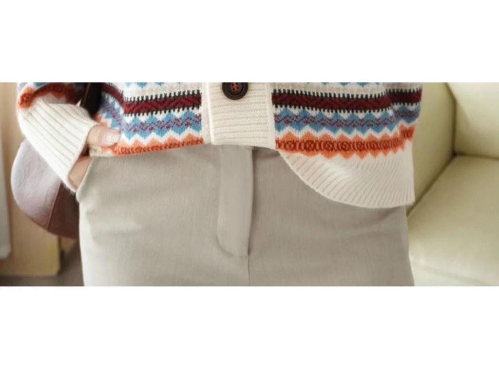 Women's Retro Striped V-Neck Cardigan - Thick Knitted Jacquard Sweater for Spring