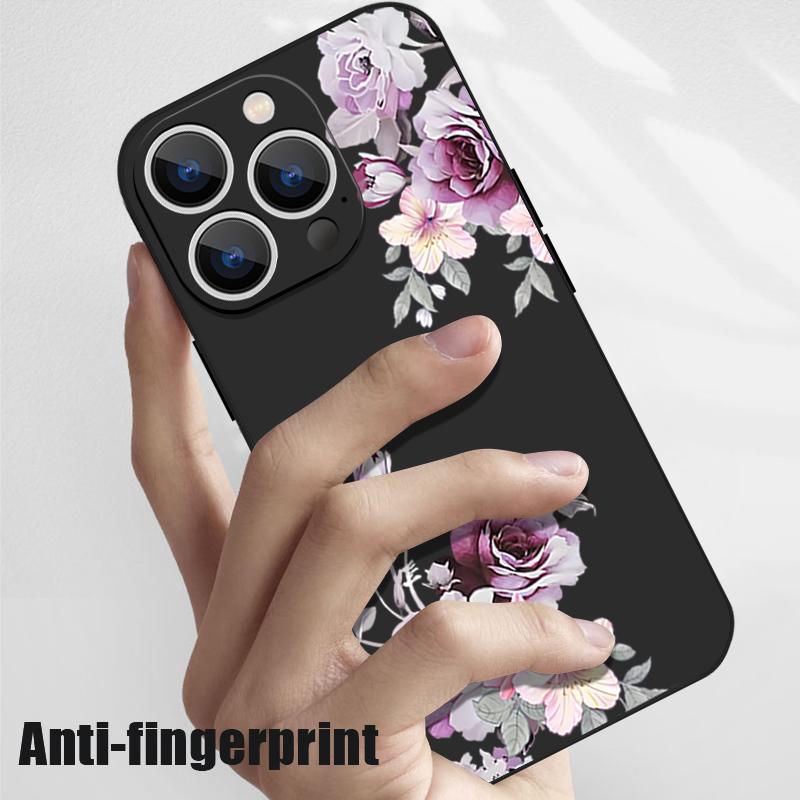 Carcasă rezistentă la șocuri cu model floral violet pentru iPhone 16 Pro Max 15 Pro 14 13 12 Mini 11 XS XR 8 7 Lanyard TPU Lens Protection Matte Soft Phone Cover