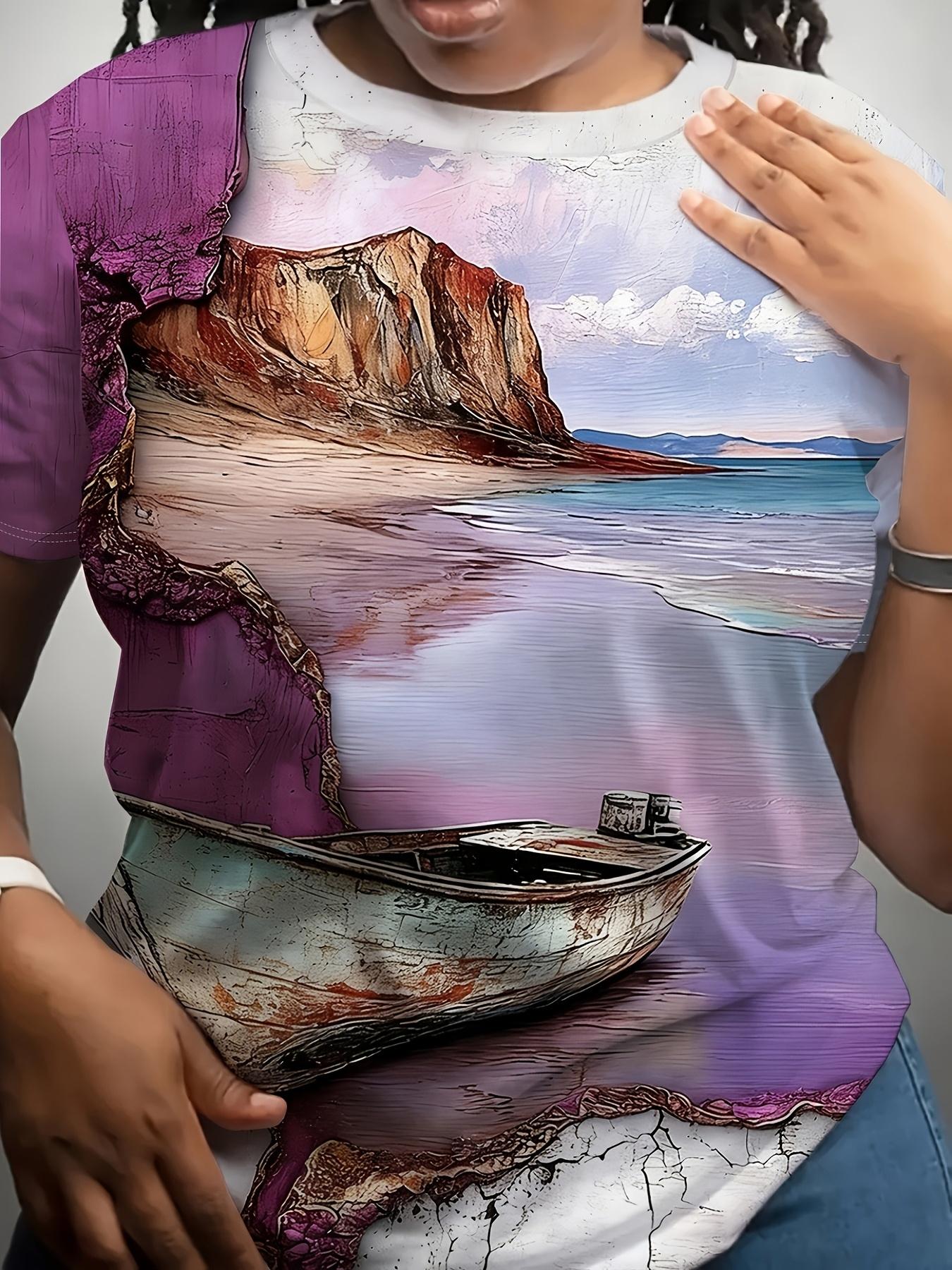 

Women S Artistic Coastal Scene Print Round Neck Short Sleeve T-Shirt. Featuring a Purple Seaside with Distressed Texture And Color Gradient. The Cool 2XL дубильна кора