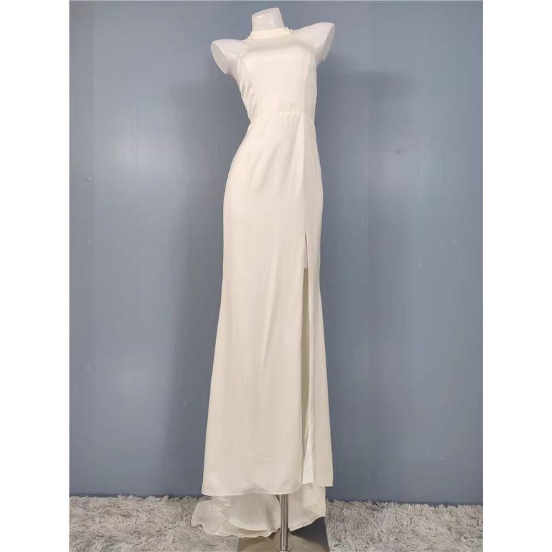 Foreign Trade Slim Fit Slim Lu Hanging Neck Sleeveless High Quality Smooth Fabric Lace Backless Fashion Trailing Dress