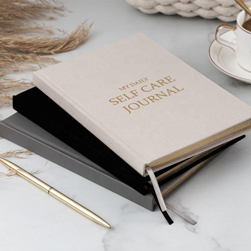 Customizable Gold Edge Cream Linen Fabric Gratitude Journal Happiness Eco Notebook A5 Self Care Journal English Version Diary