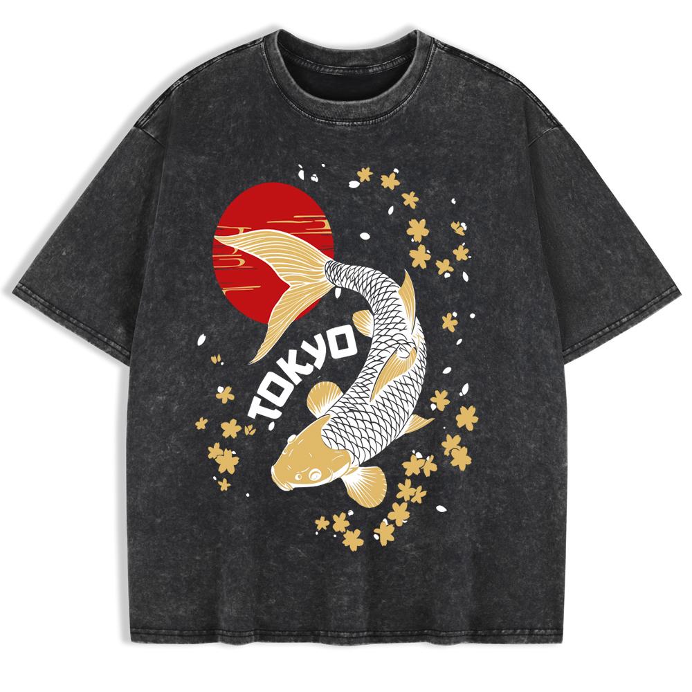 Japanese Koi Harajuku Printed Washed T-Shirts Mens Cotton Oversize T Shirt Casual O-Neck Short Sleeve Tops Summer Clothes