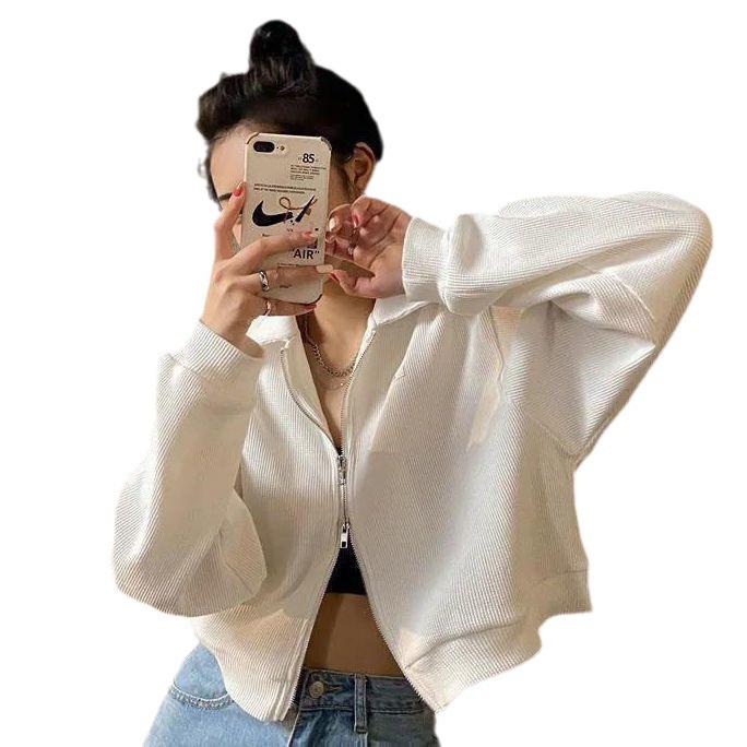 Bluză scurtă de damă cu guler polo gofrat: Croială largă, Fermoar dublu, Jachetă cu mânecă lungă pentru primăvară și toamnă.