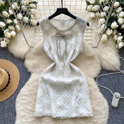 Sommer Damen Elegant Ärmellos Luxus Perlen Plaid Spitze Diamant Schleife Mini Kurz Fee Party Bleistiftkleider