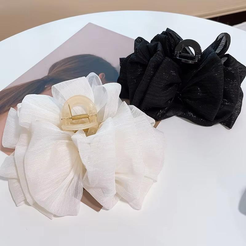 Mode Große Schwarz Weiß Netz Schleife Haarkralle Haarspange Damen Koreanisch Süß Wolke Plissiert Haifischklemme Haaraccessoires