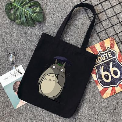 Şişman Totoro Sevimli Baskı Yeniden Kullanılabilir Alışveriş Çantası Kadın Bez Çantalar Baskı Eko Çanta Karikatür Shopper Vintage Siyah Omuz Kanvas Çantalar