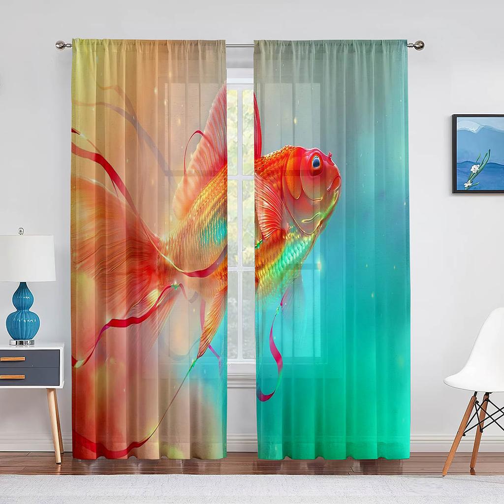 Koi Fish Ink Painting Goldfish Sheer Voile Curtains Window Treatment Chiffon Tulle Curtain for Kitchen Living Room Bedroom Drape