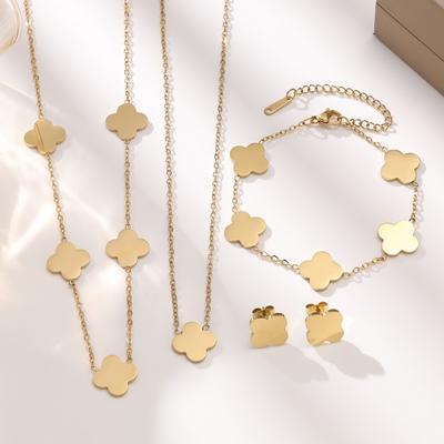 4PCS Fashion Stainless Steel Polished Clover Bracelet Necklace Earrings Set for Women 18K Versatile Jewelry
