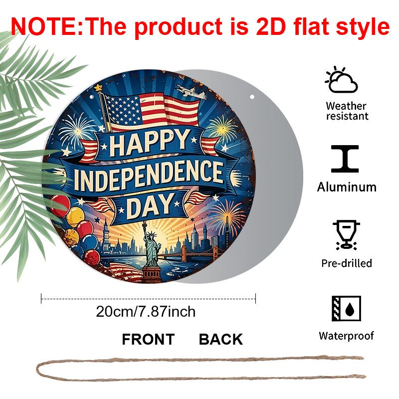 2D Flat, 1pc Round Aluminum "Happy Independence Day" Sign, Patriotic USA Flag & Statue of Liberty Metal Plaque, Vintage Distressed Style, Perfect for