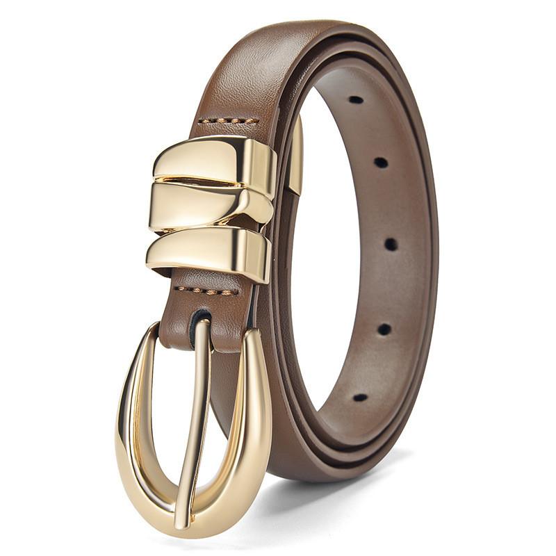 Womens Premium Leather Belt With Alloy Buckle And Geometric Style For Fashion And Office Gold Coffee