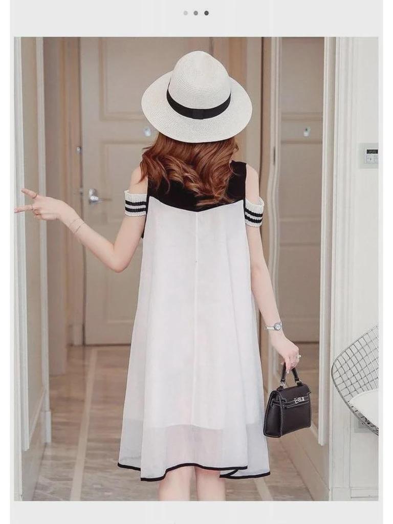 New Arrival: Large Size Off-Shoulder Chiffon Dress for Pregnant Women - Korean Style, Mid-Length, Short-Sleeved, Perfect for Spring & Summer