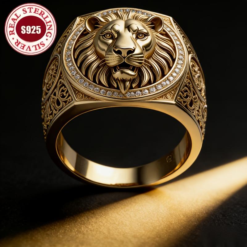Anello Sigillo Leone Maestoso in Argento S925 Dorato Uomo Vintage Inciso Intarsio Zircone 5A Anello Stile Europeo e Americano Accessori Moda